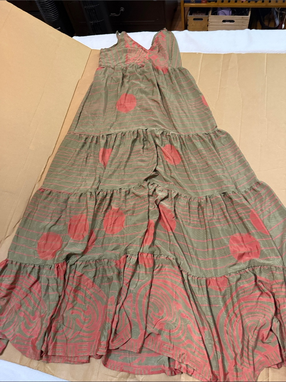 Boho Olive Maxi Skirt with Coral Print